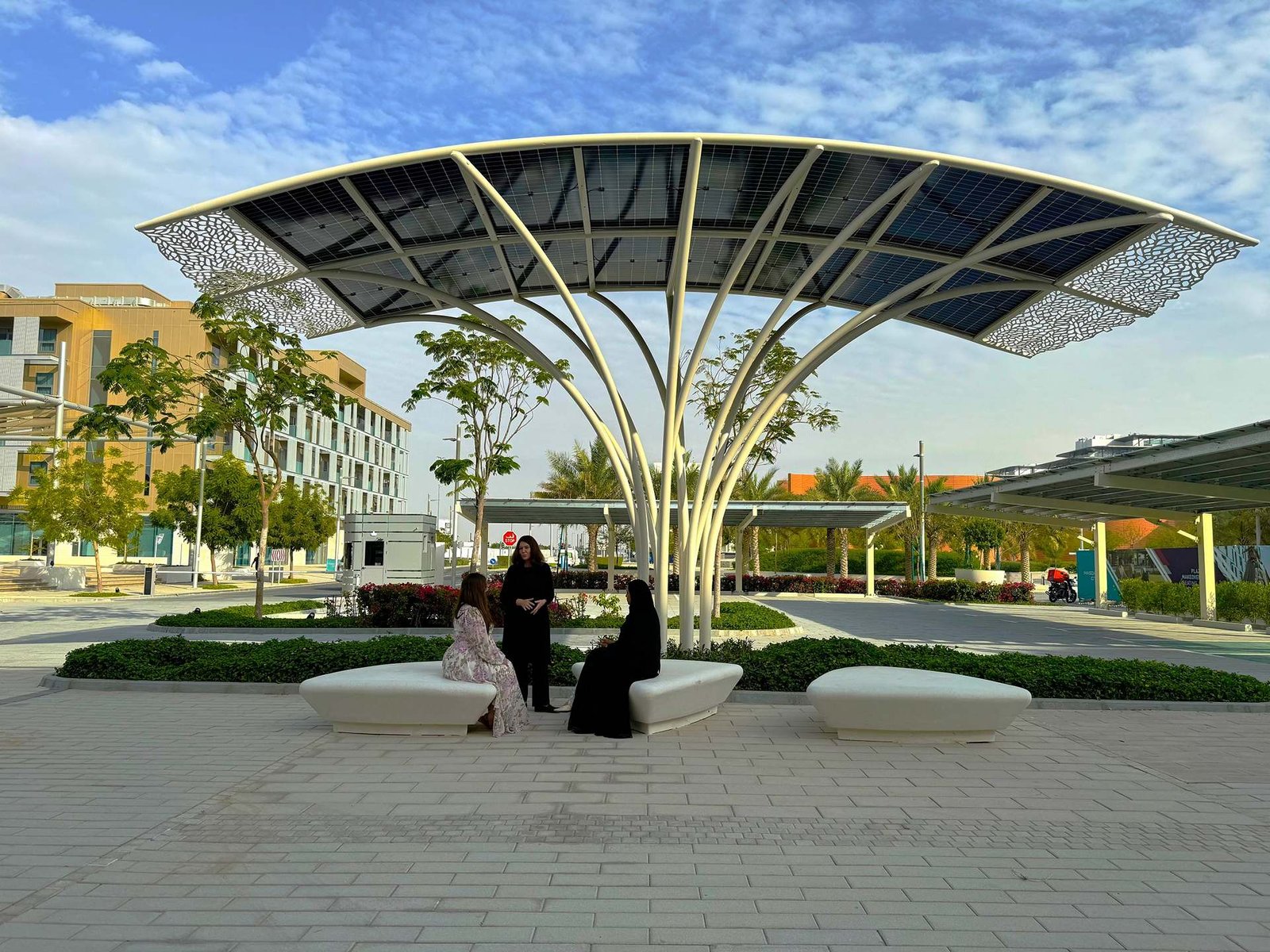 Masdar City's Solar Tree, an eco-friendly installation at Eco Plaza, designed to promote sustainability and provide clean energy.