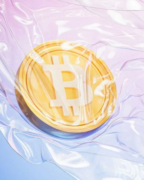 UAE crypto regulation 2025: A glowing Bitcoin coin partially submerged in translucent, colorful plastic, creating a surreal and modern visual effect.
